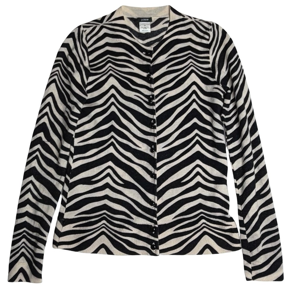 J.Crew 100% Merino Wool Zebra Print Cardigan Black Cream Womens XS